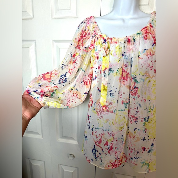 CAbi #826 Watercolor In Case Blouse Semi Sheer Shirt Floral Abstract Top Flowy - Picture 6 of 13